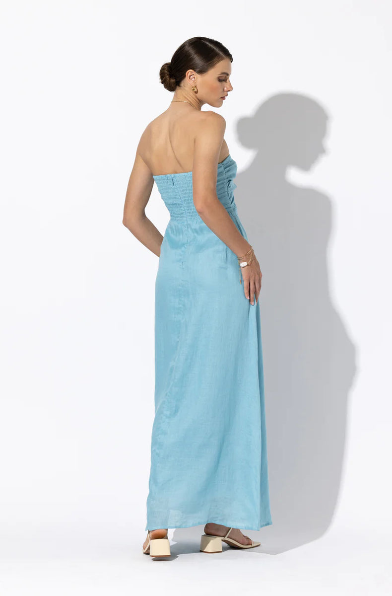 lusana melody linen maxi dress The Melody Linen Maxi Dress in French Pink. Crafted from 100% European Flax Linen, this strapless design with a twisted bra detail exudes elegance and charm
