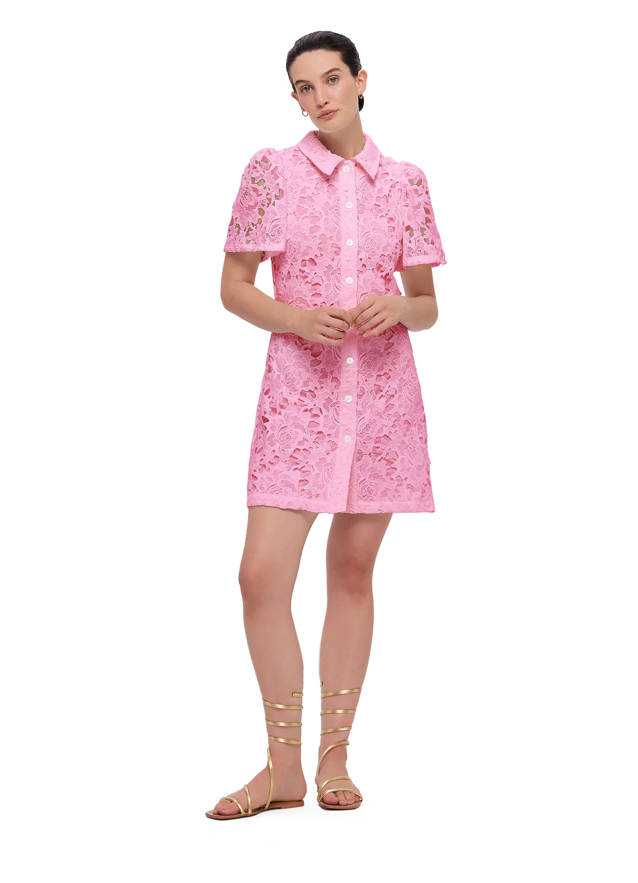 Brooke Lace Shirt Sleeve Mini Dress - Candy Pink