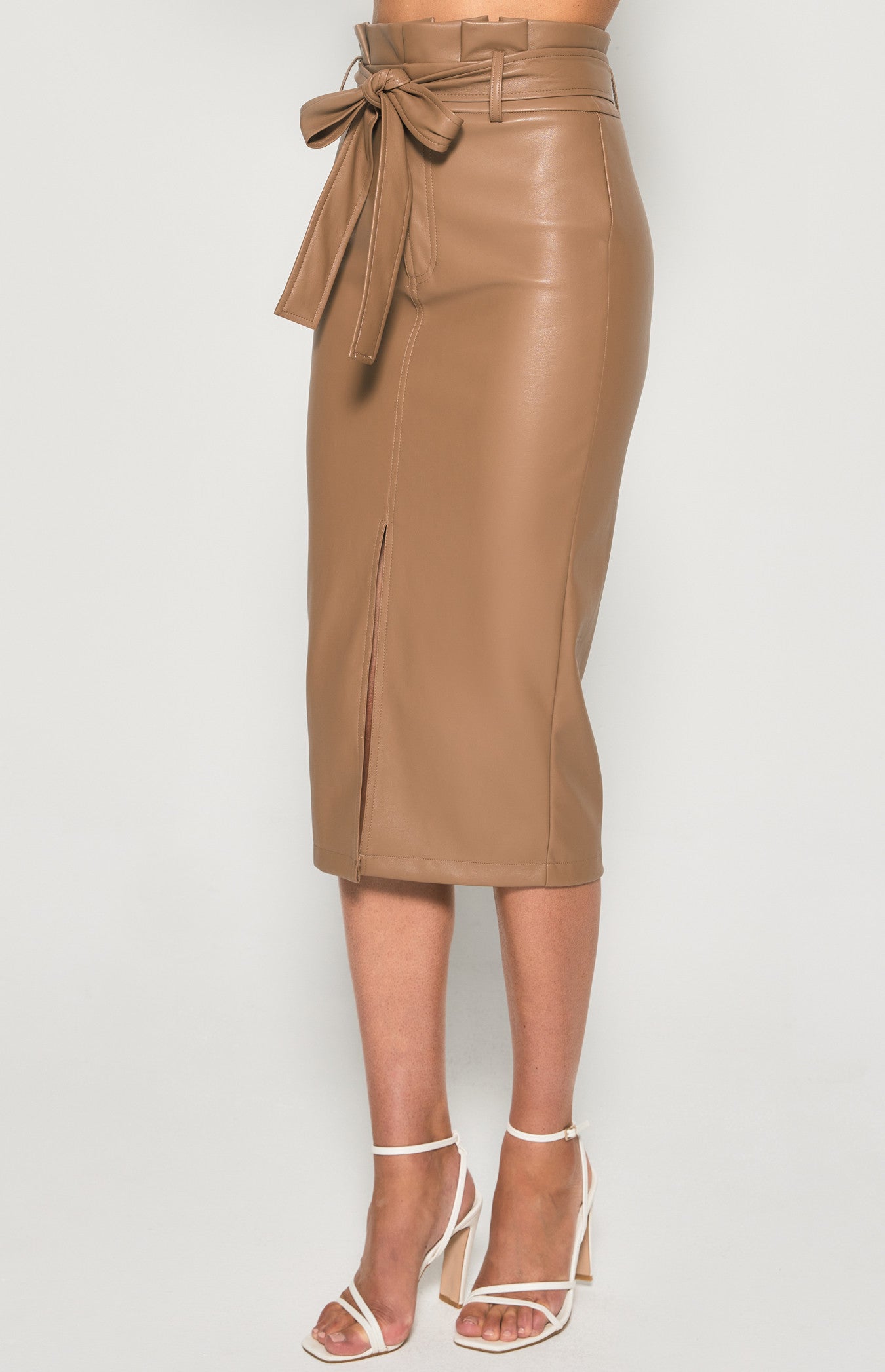 Faux Leather Paper bag Waist Midi Skirt with Belt- Mocha