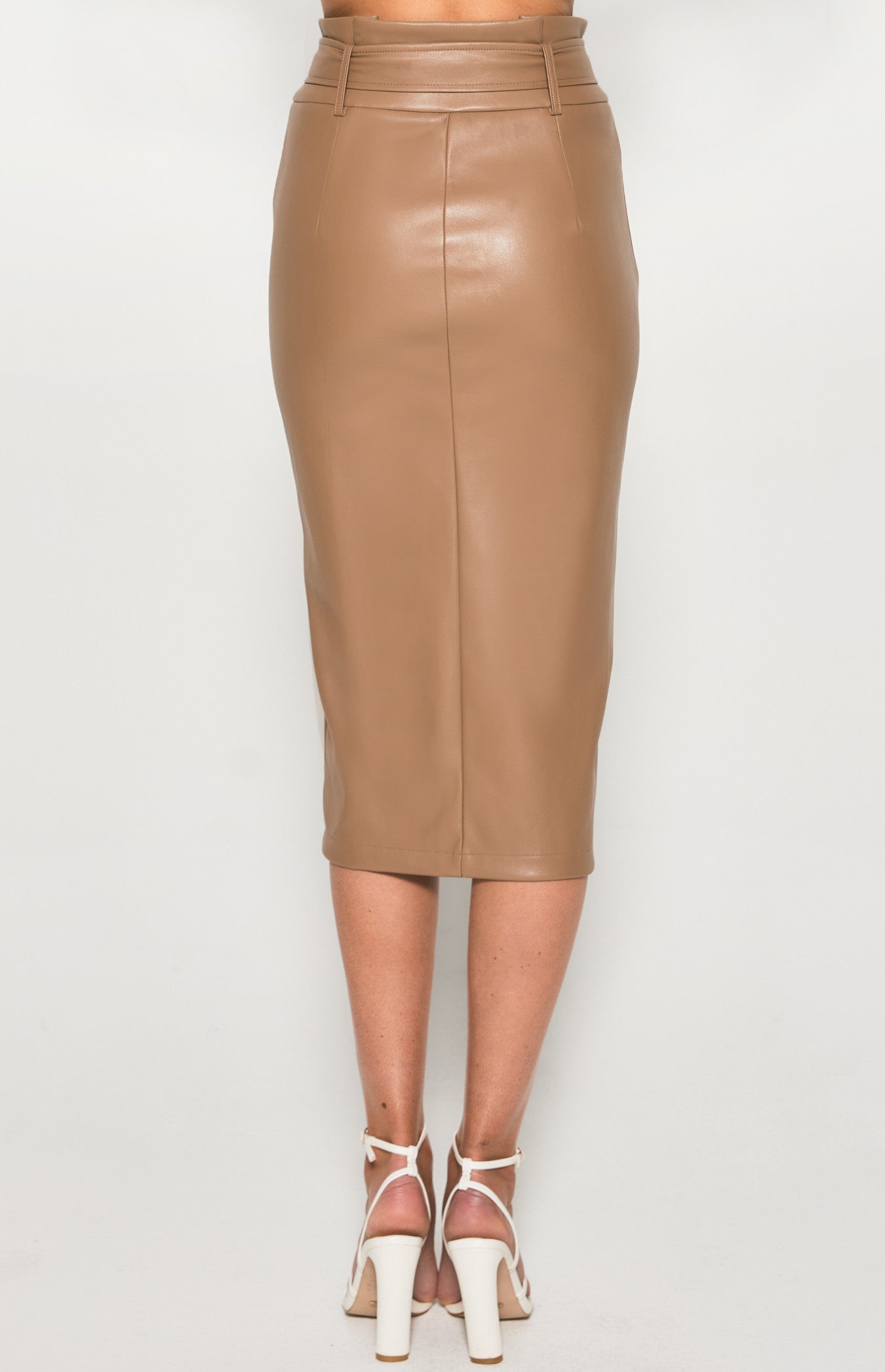 Faux Leather Paper bag Waist Midi Skirt with Belt- Mocha