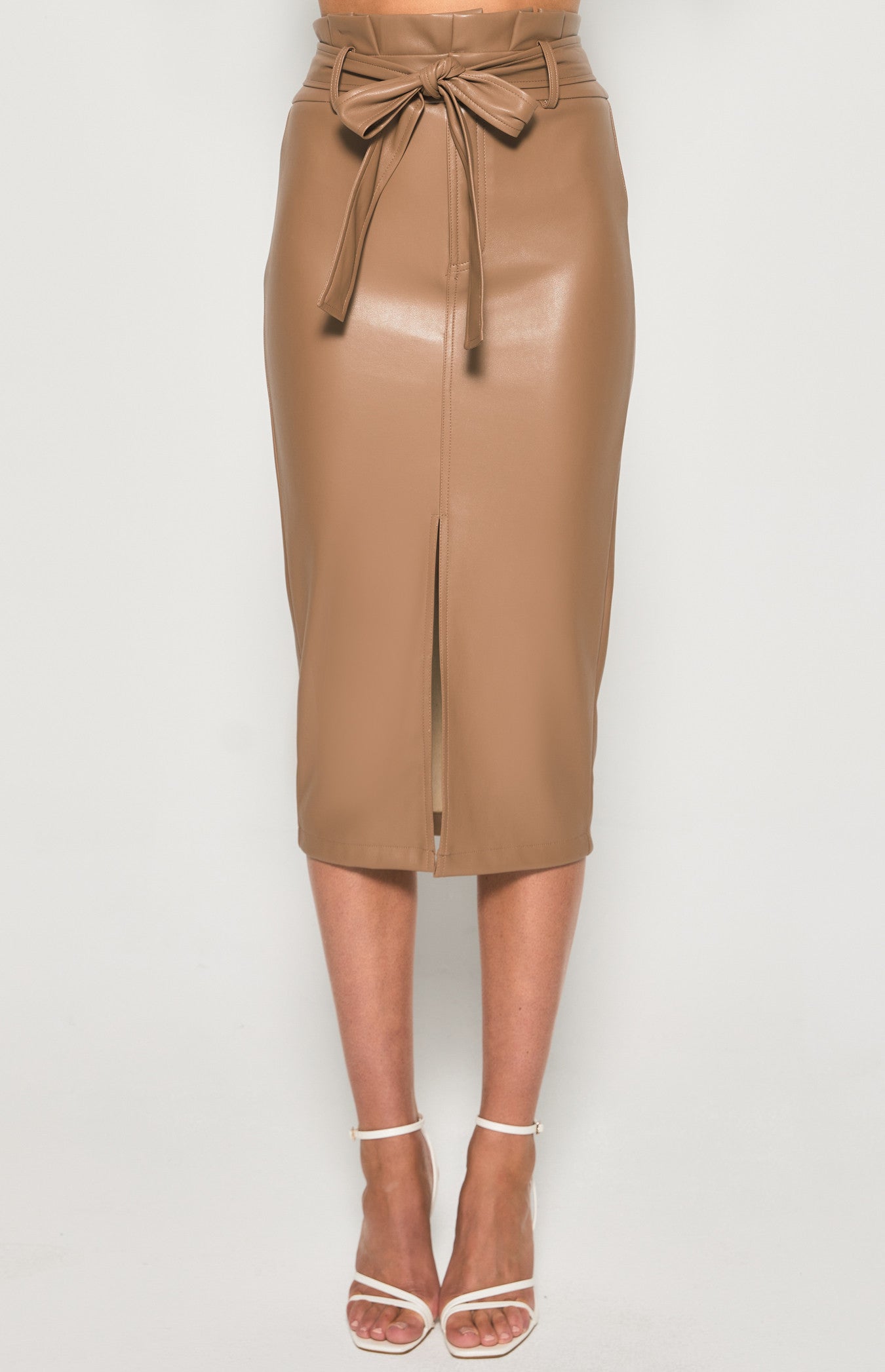 Faux Leather Paper bag Waist Midi Skirt with Belt- Mocha