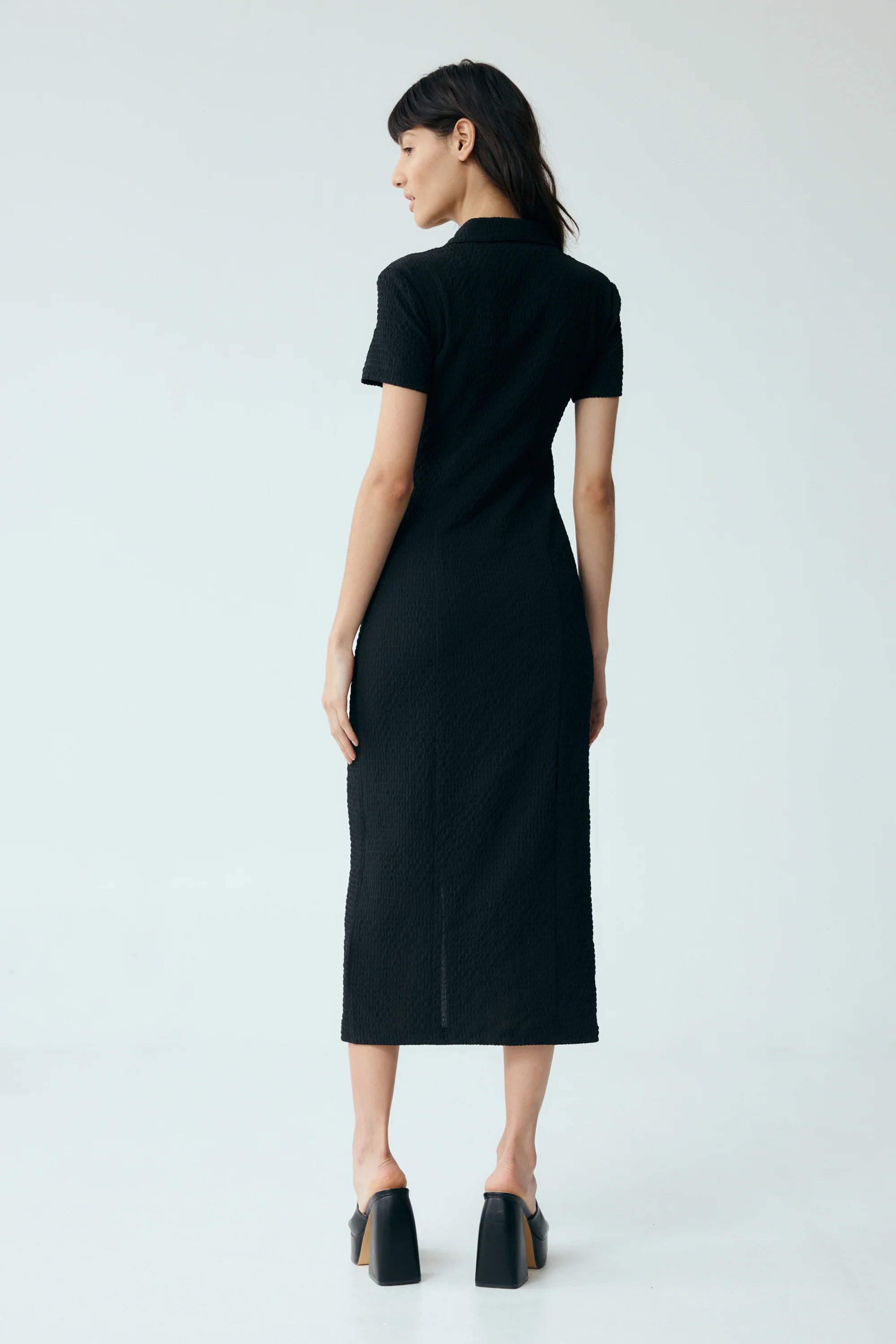 WAFFLE MIDI SHIRT DRESS - BLACK