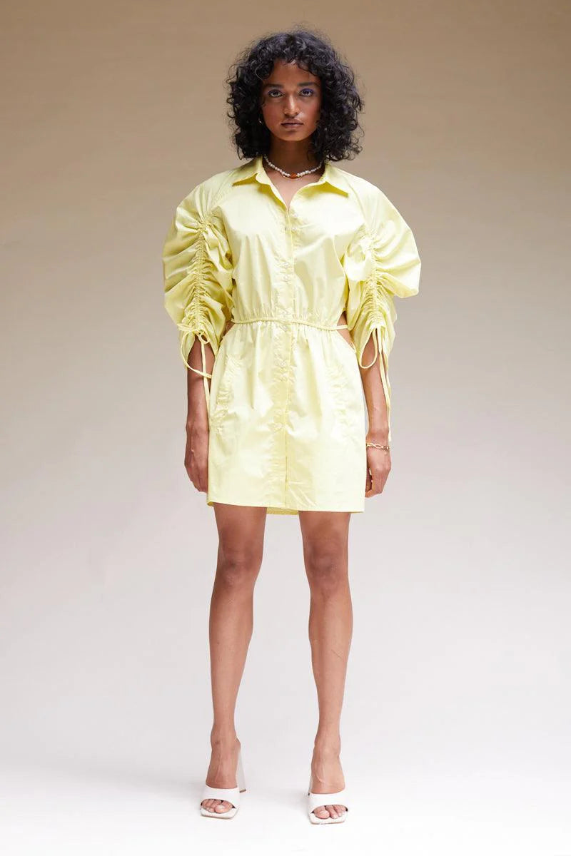 TALI GATHERED SLEEVE SHIRT DRESS - LEMON