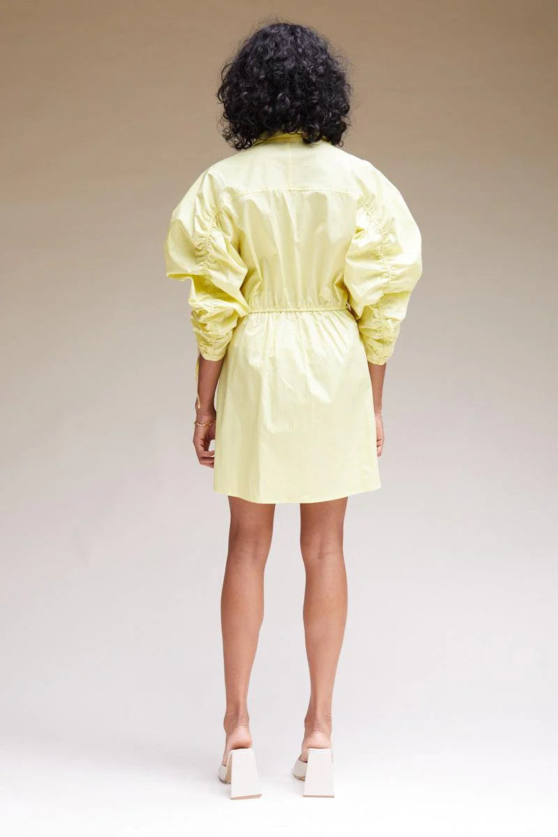 TALI GATHERED SLEEVE SHIRT DRESS - LEMON