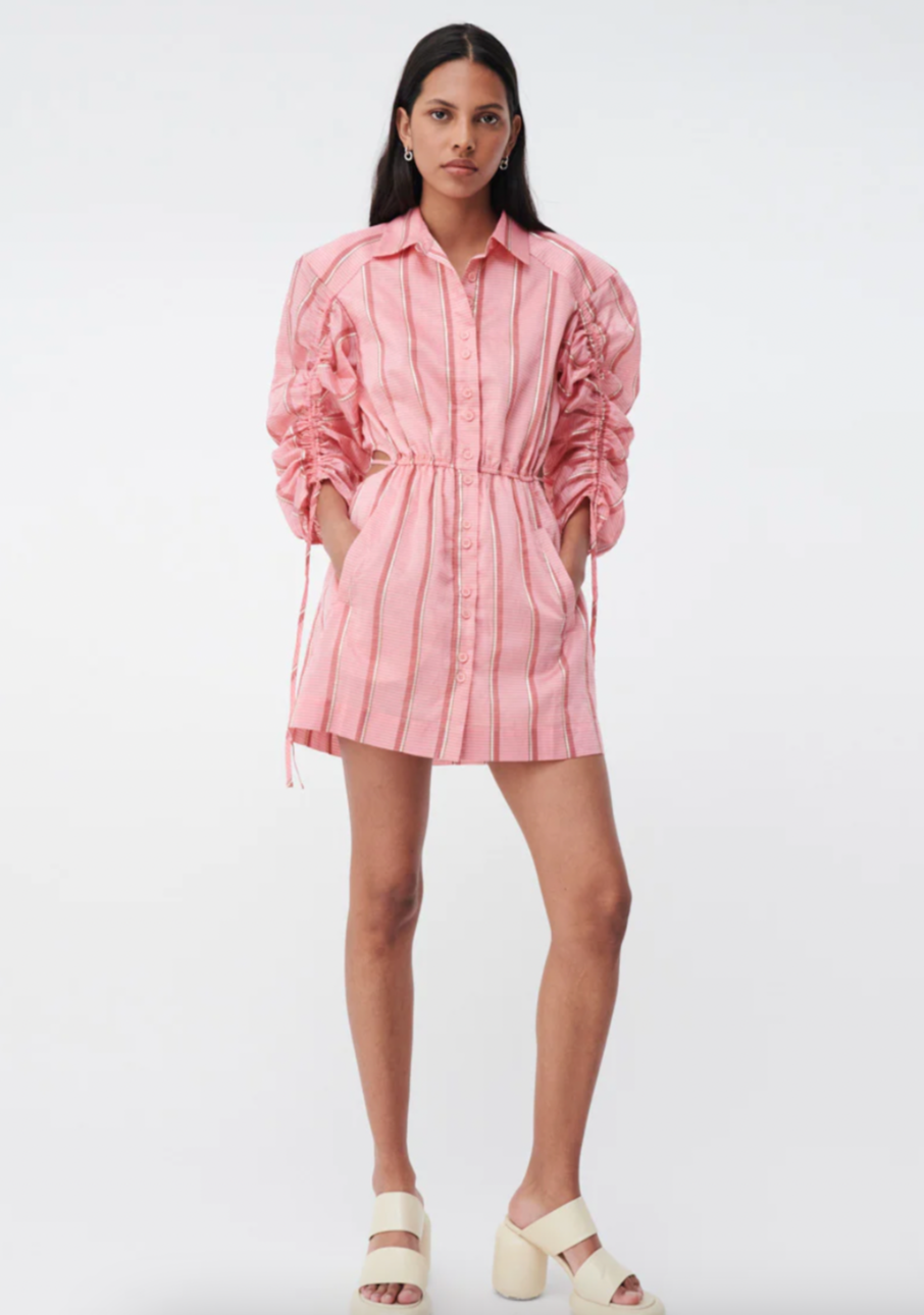 Pablo Ruched Sleeve Mini Shirt Dress - Pink