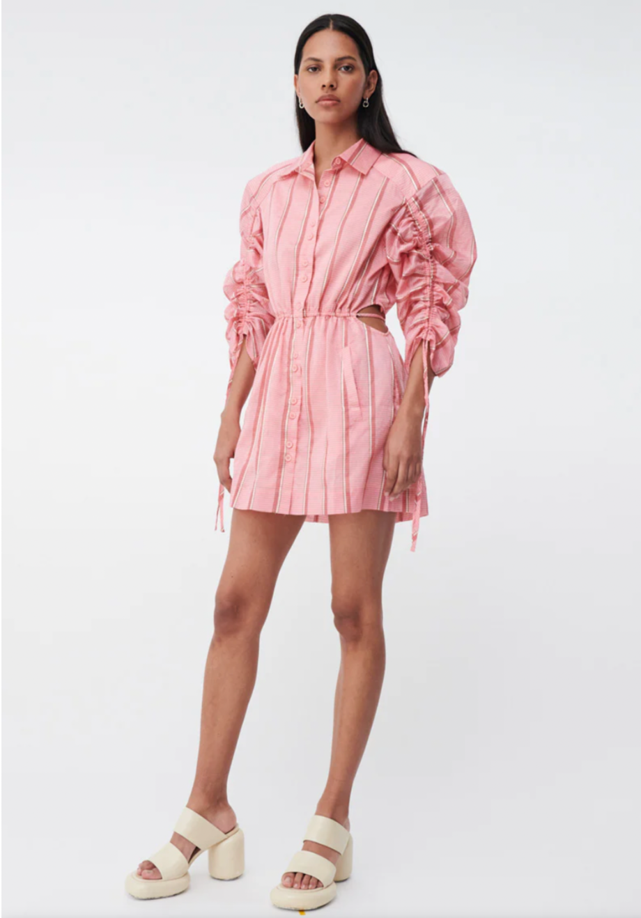 Pablo Ruched Sleeve Mini Shirt Dress - Pink