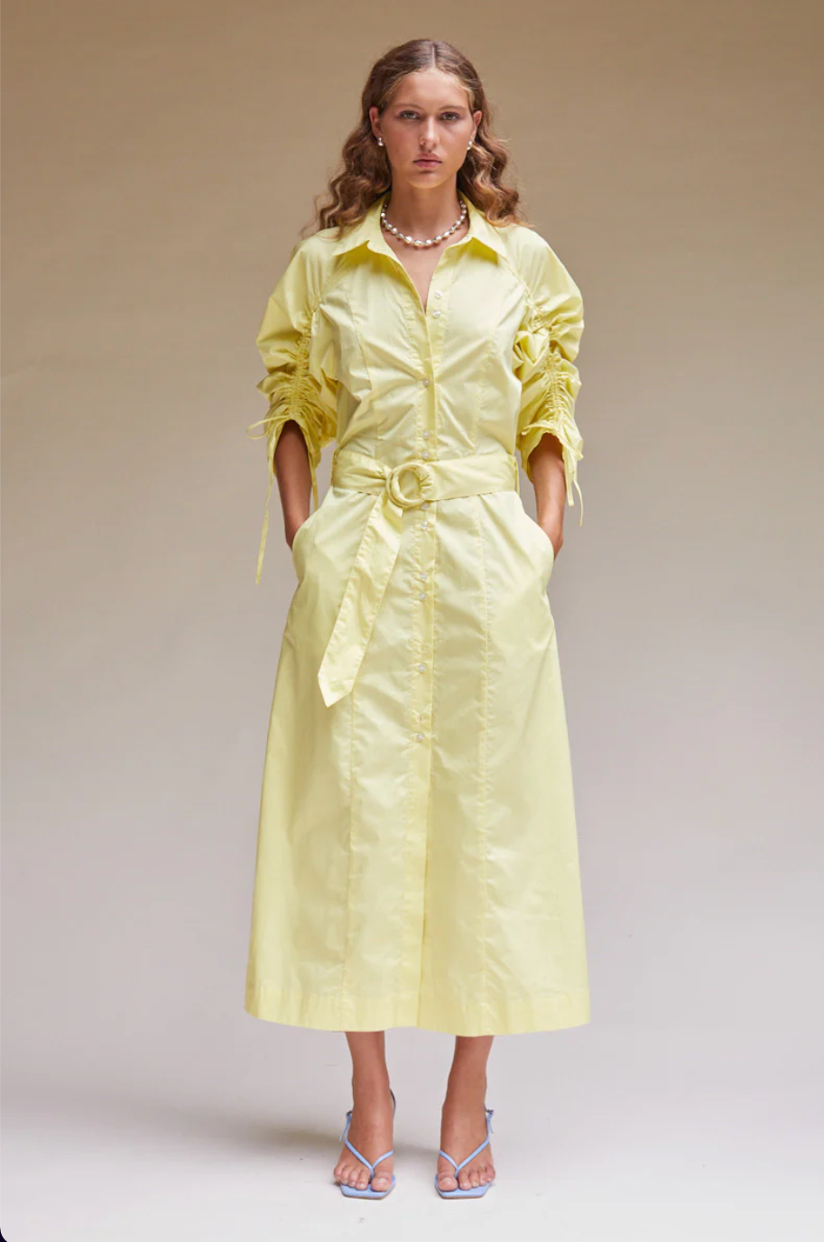 Tali Gathered Sleeve Shirt Dress - Lemon