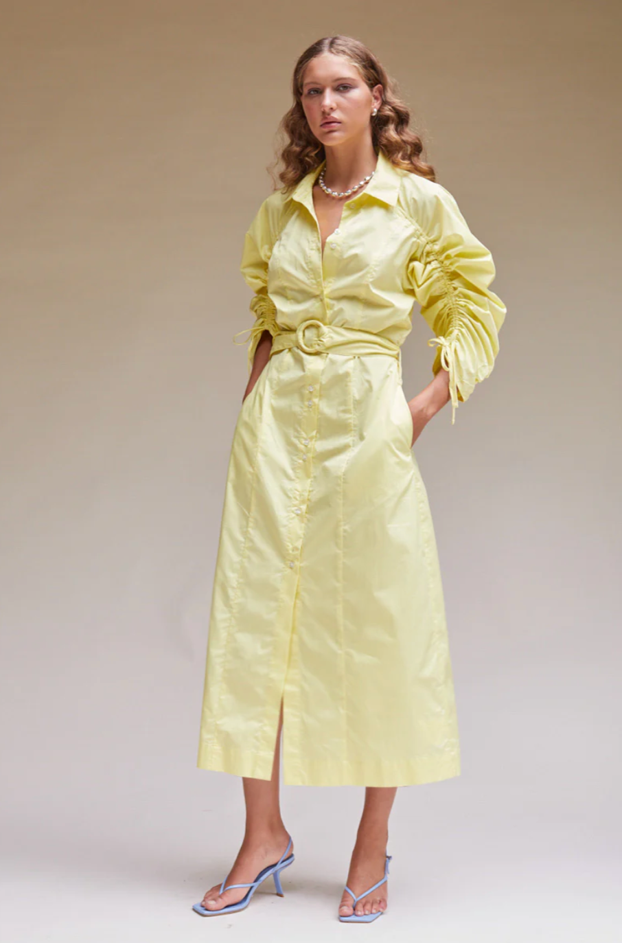 Tali Gathered Sleeve Shirt Dress - Lemon